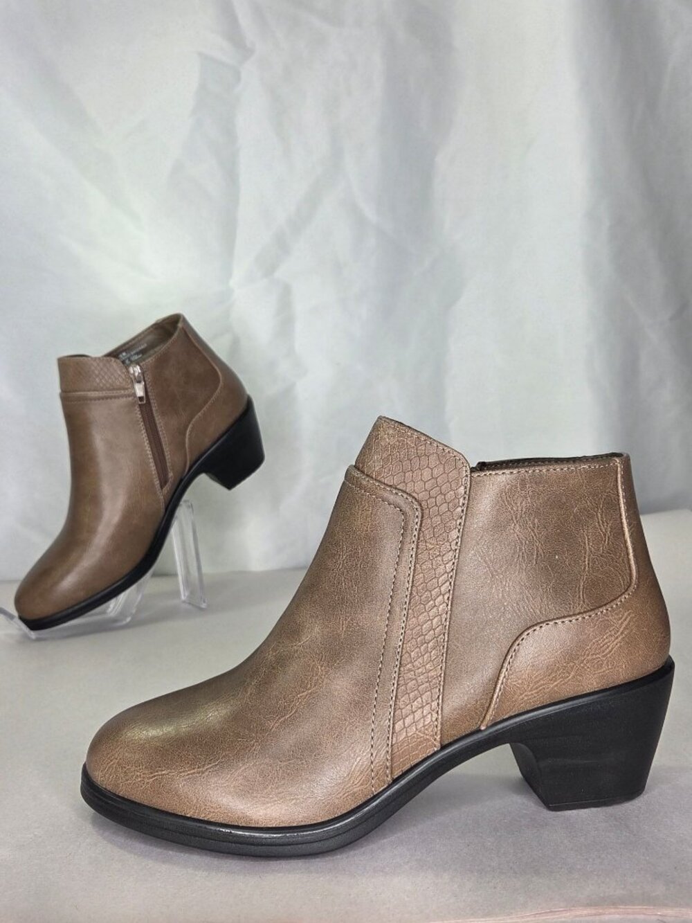 Easy Street Langley Zipper Ankle Boots - Taupe/Snake, 8 W